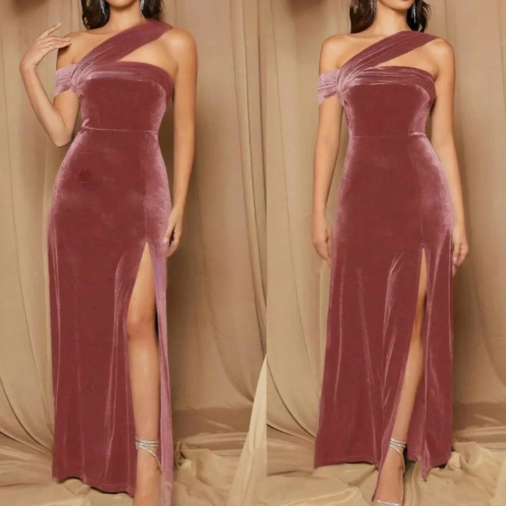 Luxe velvet one shoulder slit thigh party formal evening wedding  gown dress
